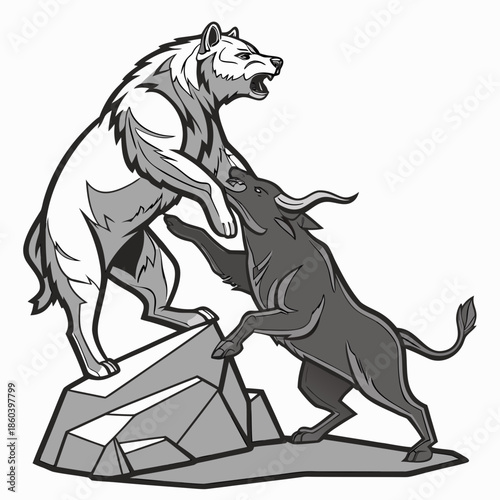 A dramatic grayscale illustration depicts a fierce battle between a grizzly bear and a charging bull on rocky terrain