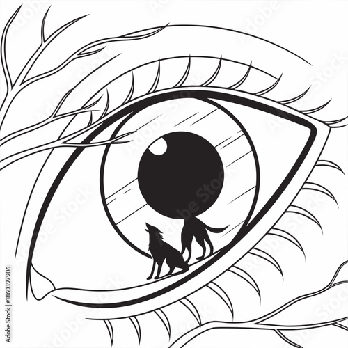 A striking illustration depicts a human eye with a reflection showcasing two wolves howling at the moon within