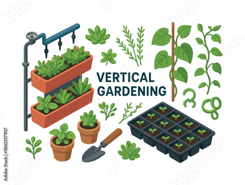 Gardening flat icon set. featuring vertical gardening, plants, pots, spade, watering, leaves, and seedlings