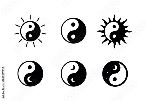 Yin yang flat icons set. featuring sun, moon, balance, harmony, duality, light, dark, symbol, and energy