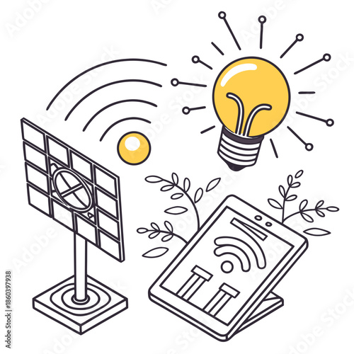 A bright idea connecting technology solar panels wireless signals a glowing bulb and data streams illustrated in a simple style