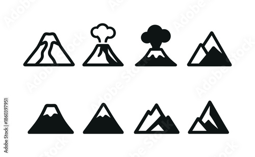 Nature and geography silhouette icon set. featuring volcanoes, mountains, and peaks