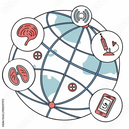 Global healthcare network illustrated with icons depicting brain lungs syringe phone and connectivity lines around the earth