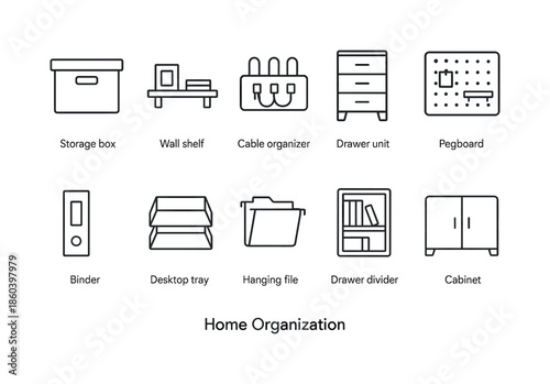 Home organization linear icon set. featuring storage box, wall shelf, cable organizer, drawer unit, pegboard, binder, desktop tray, hanging file, drawer divider, and cabinet symbols