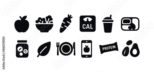 Nutrition and health silhouette icons set. featuring apple, salad, carrot, scale, shake, meal prep, protein bar, avocado symbols