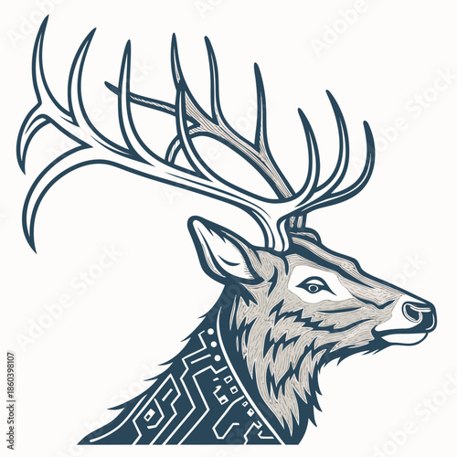 An elegant illustration showcases a majestic stag head with intricate antler details and decorative geometric patterns on its neck