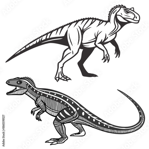 Detailed black and white illustration depicts two velociraptor dinosaurs in dynamic poses showcasing their predatory features and scaled textures