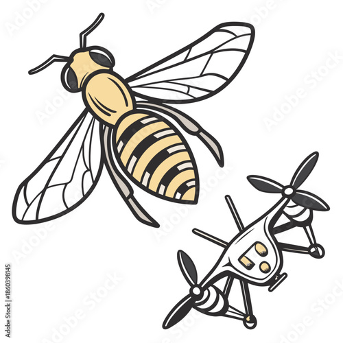 A detailed illustration depicts a honeybee alongside a miniature drone styled to resemble another bee showcasing intriguing design