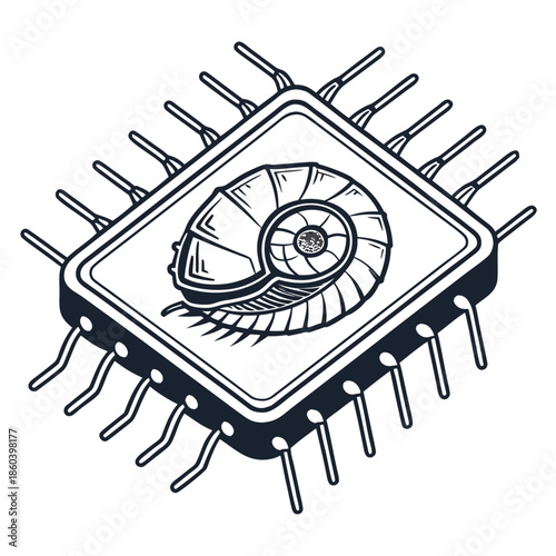 A stylized illustration of a microchip displaying a nautilus shell combining technology and nature themes high quality