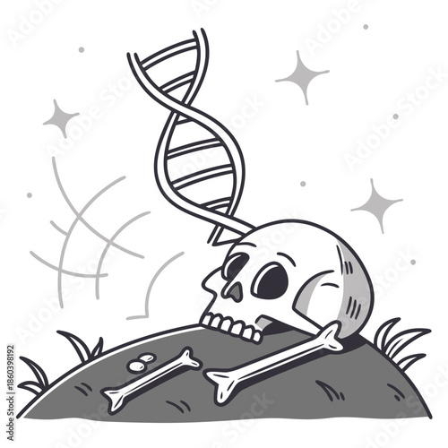 A symbolic depiction of mortality and genetics a skull with a dna helix rising above it