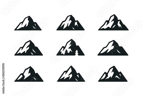 Nature silhouette icon set. featuring mountains, peaks, and summits.