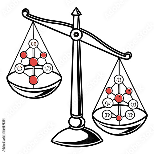 A symbolic representation of justice and balance depicted through a scale with molecular structures on each side