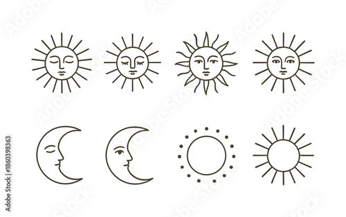 Celestial linear icon set. featuring sun, moon, face, rays, crescent, orbit, and celestial symbols