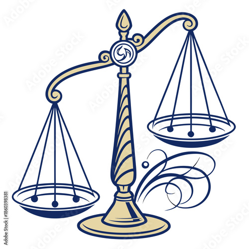 A golden and blue illustration of scales of justice representing legal systems balance and fair judgement in court proceedings