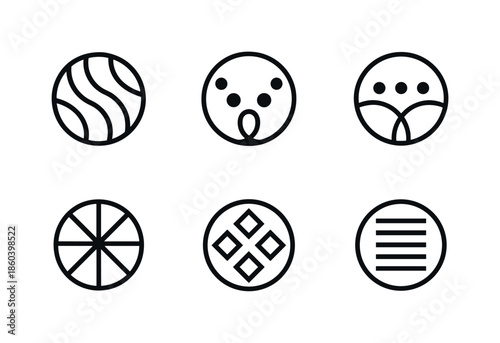 Abstract patterns linear icon set. featuring waves, circles, dots, stripes, grids, and geometric designs