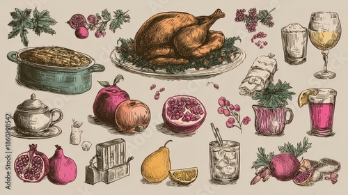 A vibrant, detailed illustration showcasing a festive feast. Various dishes, fruits, and drinks are arranged with intricate shading