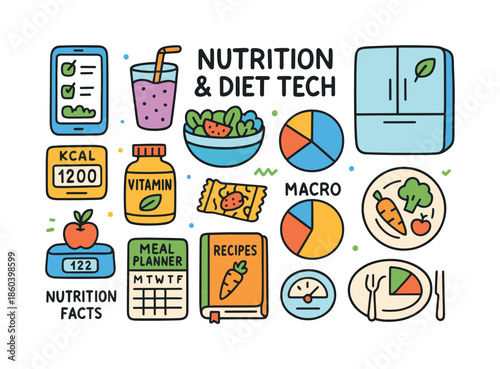Nutrition and diet tech flat icon set. featuring app, smoothie, fridge, vitamins, salad, macros, and meal planner