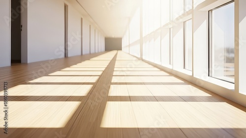 Modern minimalist corridor hallway with large windows natural sunlight wooden flooring geometric shadow patterns contemporary architecture interior design
