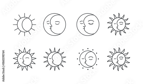 Celestial linear icon set. featuring sun, moon, stars, cosmic, day, night, solar, lunar, half-moon, starry symbols