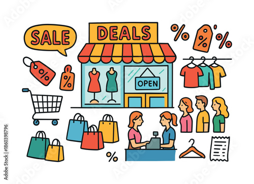Shopping and sales flat icon set. featuring shop, sale, deals, tags, cart, cash register, and clothing symbols