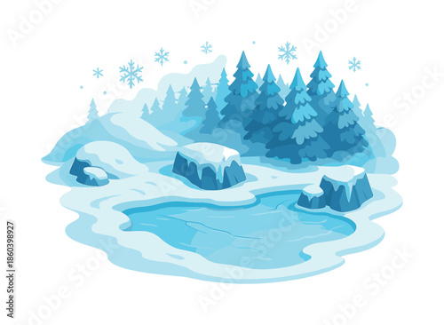 Winter landscape flat icon set. featuring snowman, snowflake, igloo, pine tree, scarf, mitten, sled, hot cocoa, snow boots, and earmuffs symbols