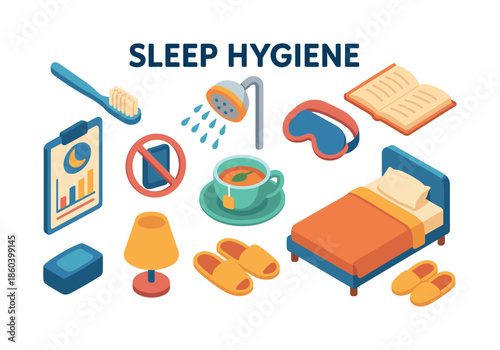 Sleep hygiene flat icon set. featuring toothbrush, shower, eye mask, book, report, phone, tea, slippers, lamp, bed