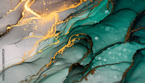 Abstract Iridescent Emerald and Gold Liquid Marble Texture