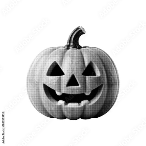 Halloween pumpkin jack o lantern in halftone style. Black and white retro illustration with carved face. Spooky holiday decoration concept isolated on white background.