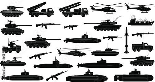 Military equipment silhouettes, tanks, helicopters, submarines, rifles, warship, missile launcher, black icons, weapon grid, defense gear, tactical illustration
