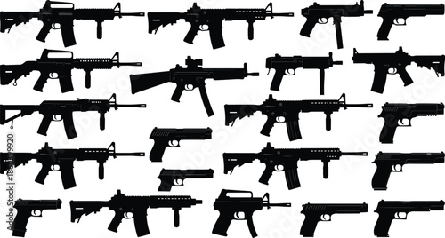 Firearm silhouettes, rifle shapes, handgun icons, tactical weapons, black illustration, gun grid, military gear, weapon design, blue background, concept art