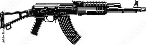 Assault rifle silhouette, AK style, folding stock, curved magazine, tactical firearm, black illustration, military weapon, gun icon, blueprint, concept