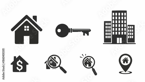Real Estate Icons - House, Key, Building, Price, Search, Location.