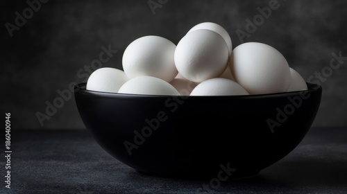 A black ceramic bowl filled with white spherical objects rests against a dark textured background,