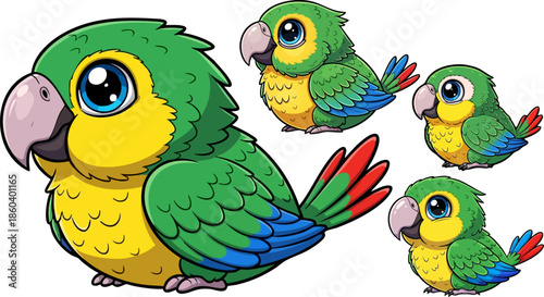 Cute cartoon parrot collection showcasing adorable small bird variations