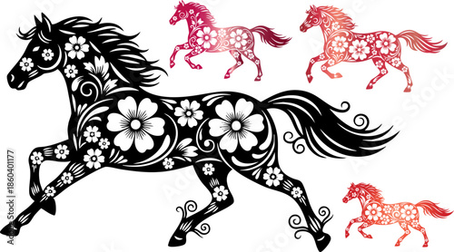 Stylized running horse silhouettes with vibrant gradient colors on black