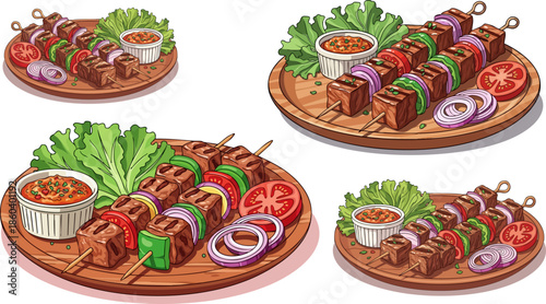 Delicious grilled meat and vegetable kebabs served on wooden platters