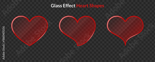 Red Glass Effect Heart Shapes with Glossy Reflection on Transparent Background