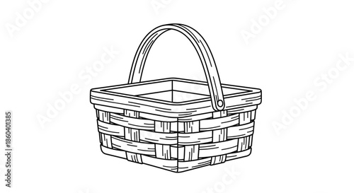 Simple black and white line drawing of an empty woven rectangular basket with a single handle.