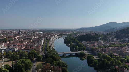 Aerial view of Turin with the Po River  and the Mole Antonelliana, Italy.

