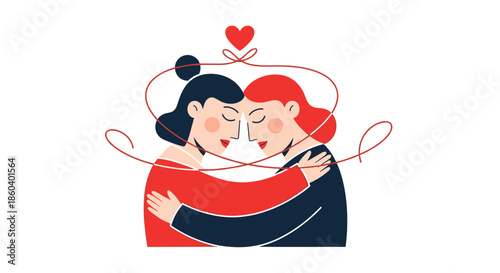Two women hugging each other with a red thread of fate forming a heart above them in a symbolic illustration.