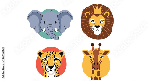 Set of wild safari animal head icons featuring an elephant, a lion with a crown, a spotted cheetah, and a tall giraffe in circles.