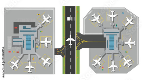 Aerial view of a colorful airport layout with planes and buildings