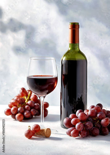 A glass filled with deep red wine stands next to an elegant bottle on a light, smooth surface. Surrounding them are clusters of fresh, ripe grapes, creating a warm and inviting scene.