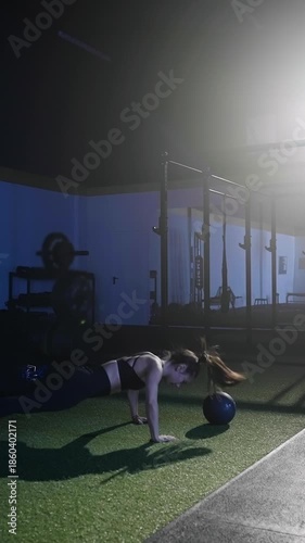 Fitness woman exercise throw medicine ball make push up and stand up in gym 