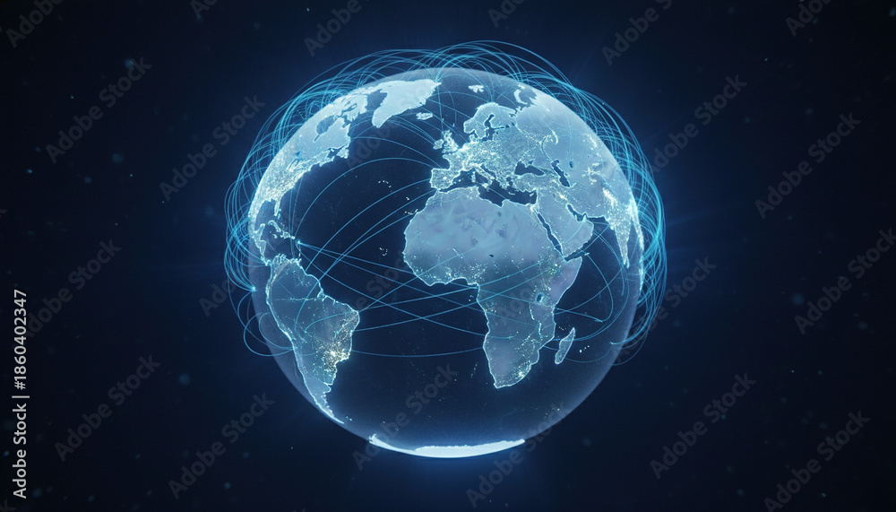 Fototapeta premium Global network of connections illuminated around a digital earth, representing international communication and data flow.