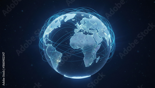 Global network of connections illuminated around a digital earth, representing international communication and data flow.