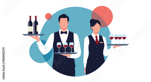 Male and female professional waiters wearing uniforms and carrying trays with wine bottles and glasses in a restaurant service concept.