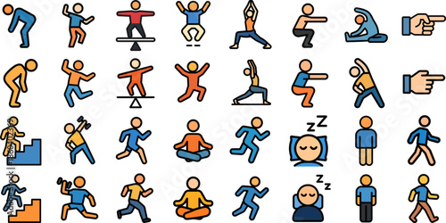 Set of 32 daily activity icons in clean bold outline, flat colors, simple geometric style