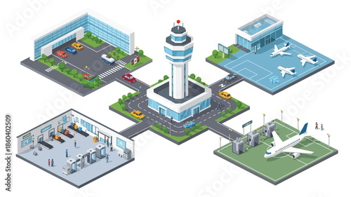 Isometric illustration of a modern airport complex with control tower and facilities