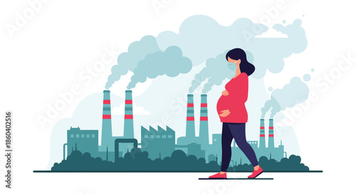 Pregnant woman wearing a protective medical mask walking in front of a large industrial factory polluting the air with smoke and chemicals.
